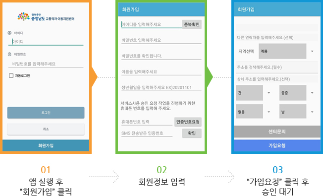01.앱실행 후 회원가입 클릭, 02. 회원정보 입력, 03. 가입요청 클릭 후 승인대기